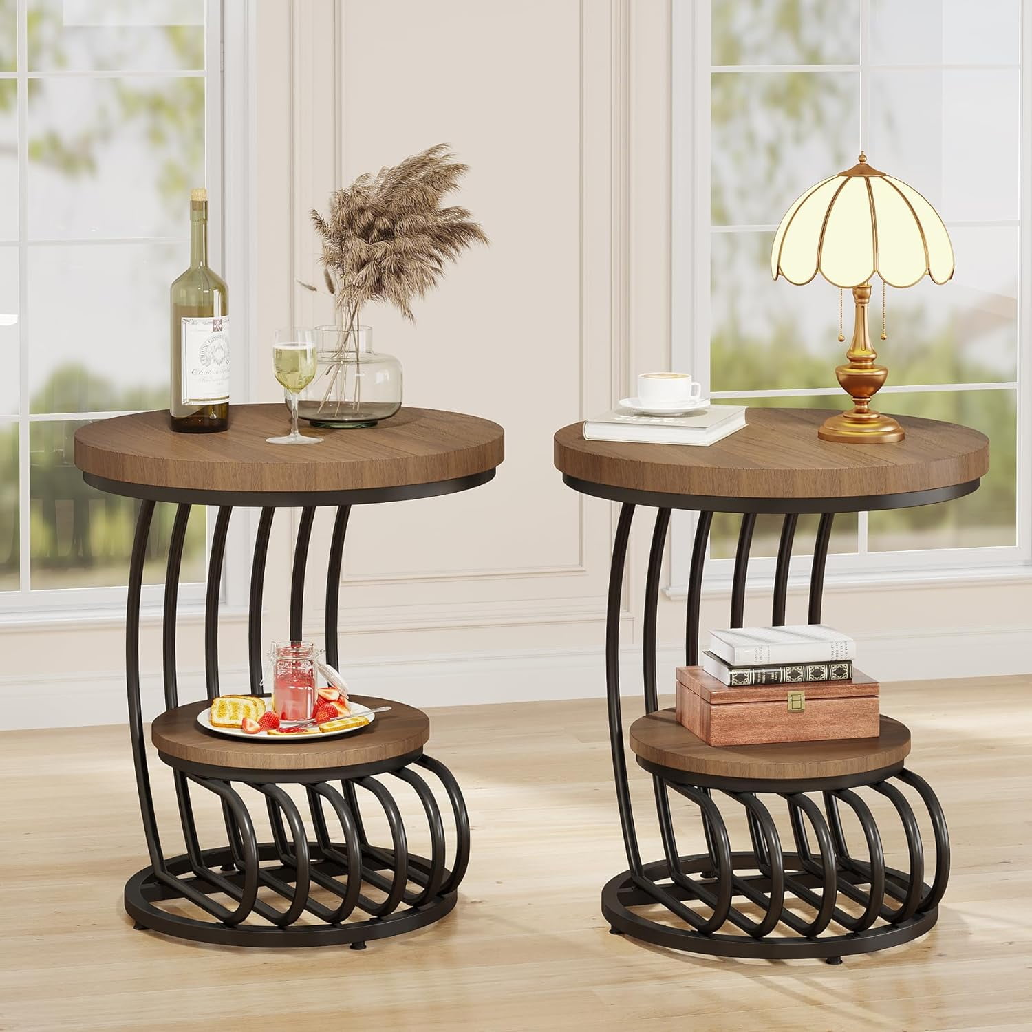 Tribesigns Round End Side Table, Side Table with 2 Tiers Storage ...