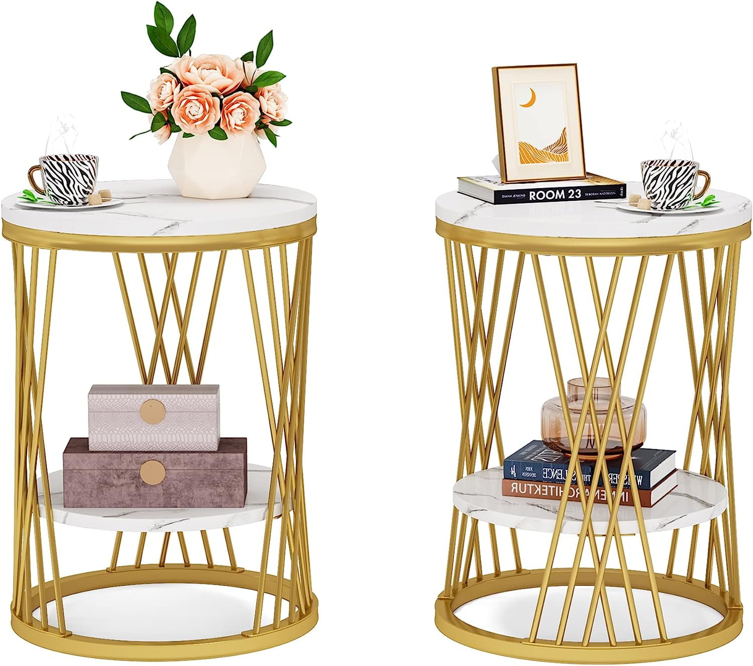 Tribesigns 2Tier White Gold Marble End Tables, Modern Round Side Tables for Living Room or