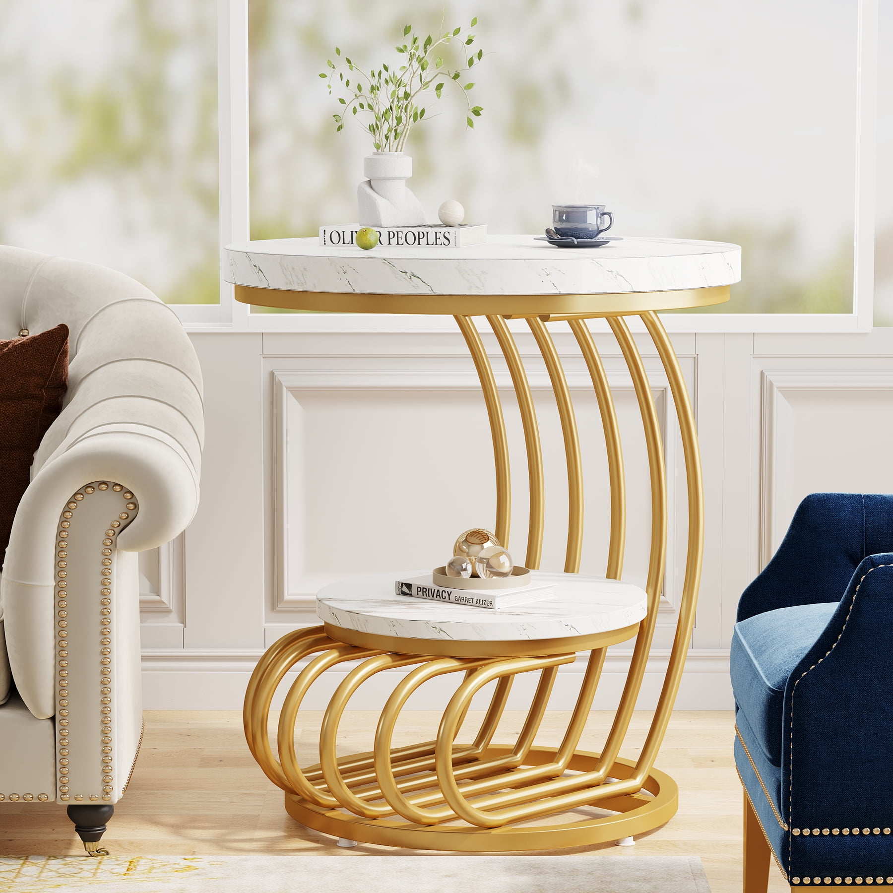 Gold and White Faux Marble Round End Table with Storage Shelf