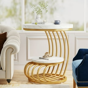 Tribesigns Round End Table: 2 Tiers Faux Marble Side Table, Modern Bedside Nightstand, Metal Arc-Shaped Frame Accent Table