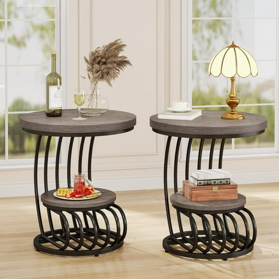 Tribesigns Round End Table, 2 Tiers Wood Side Table with Storage Shelf