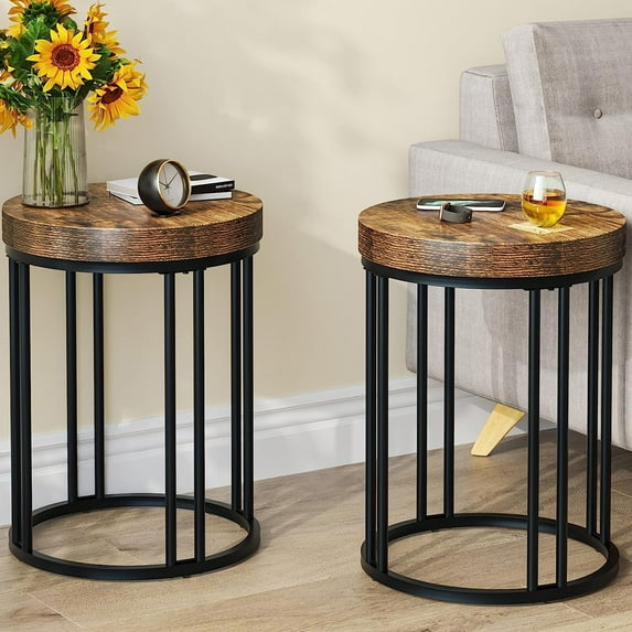 Finmind Round End Table Set of 2, Modern Accent Nightstand with Metal Frame, Rustic Brown & Black