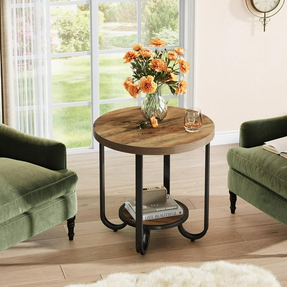 Tribesigns Round End Table with 2-Tier Storage Shelf, Industrial Side Table with Curved Metal Legs
