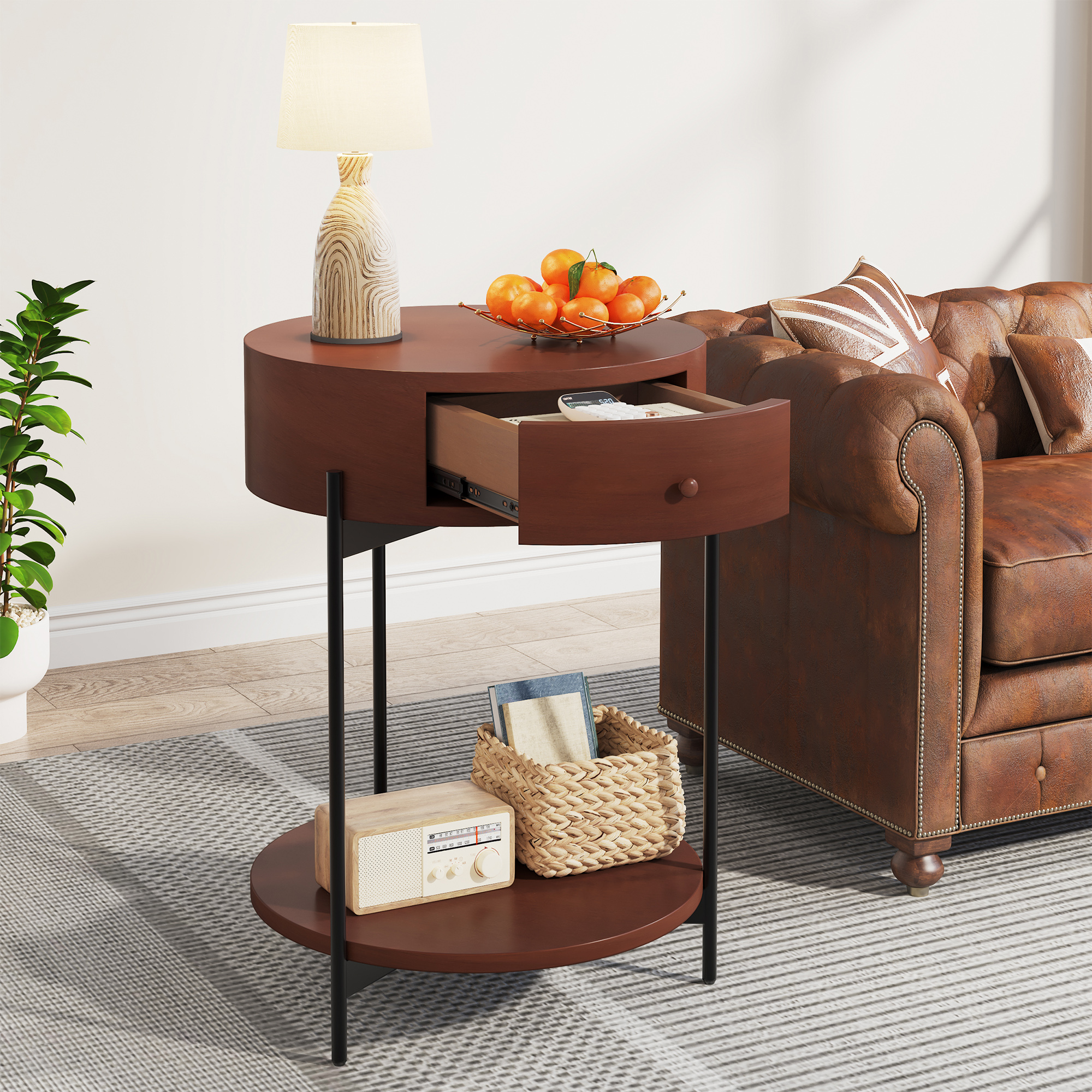 Tribesigns Round End Table with Drawer, Narrow Sofa Side Table Bedside