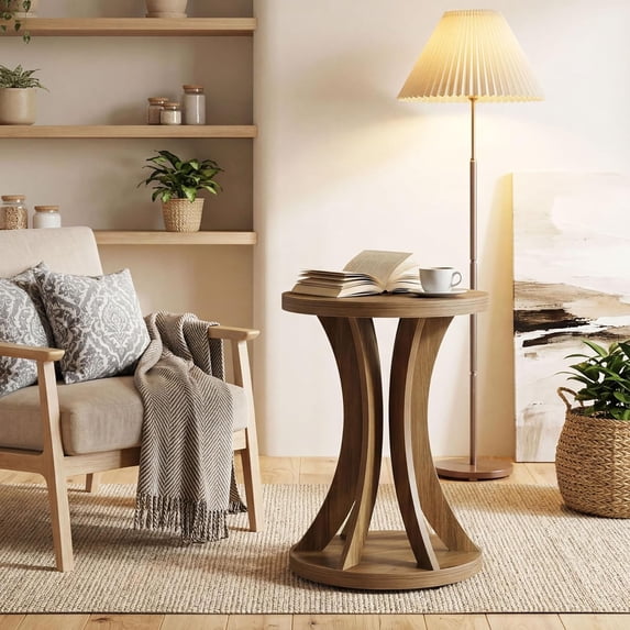 Tribesigns Round Side Table, Farmhouse End Table with Curved Open Frame for Living Room, Bedroom, Small Spaces, Rustic Wood Finish