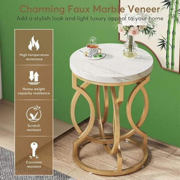 Tribesigns Round Side Table Faux Marble White Top Gold O-Shaped Metal Base Accent Nightstand for Living Room Bedroom