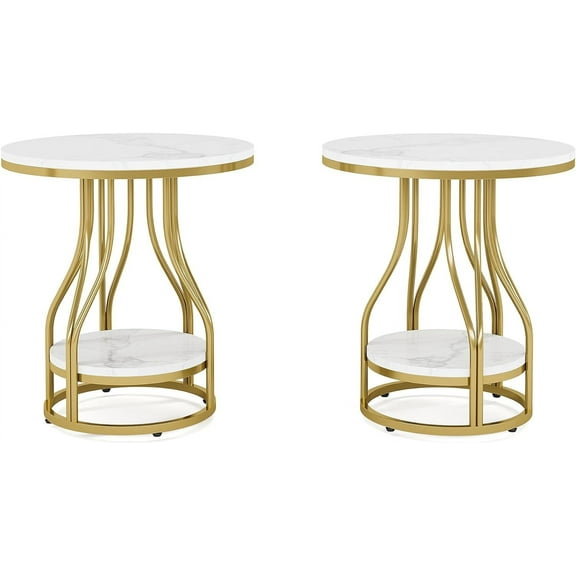 Tribesigns Round Side Table Set of 2, 2-Tier End Table Small Side Table with Storage Sofa Side Table for Living Room (White & Gold )
