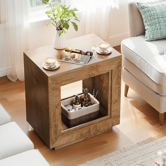 Tribesigns Rustic Wood End Table, 2 Tiered Square Side Table with Storage Shelf, Industrial Wooden Sofa Side Table for bed Room, Entrance (2,wood)