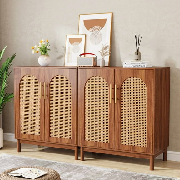 Tribesigns Set of 2 Rattan Sideboard Buffet Cabinet with Storage, 59 Inch Accent Cabinet with Doors, Storage Cabinet for Dining Room, Living Room, Kitchen