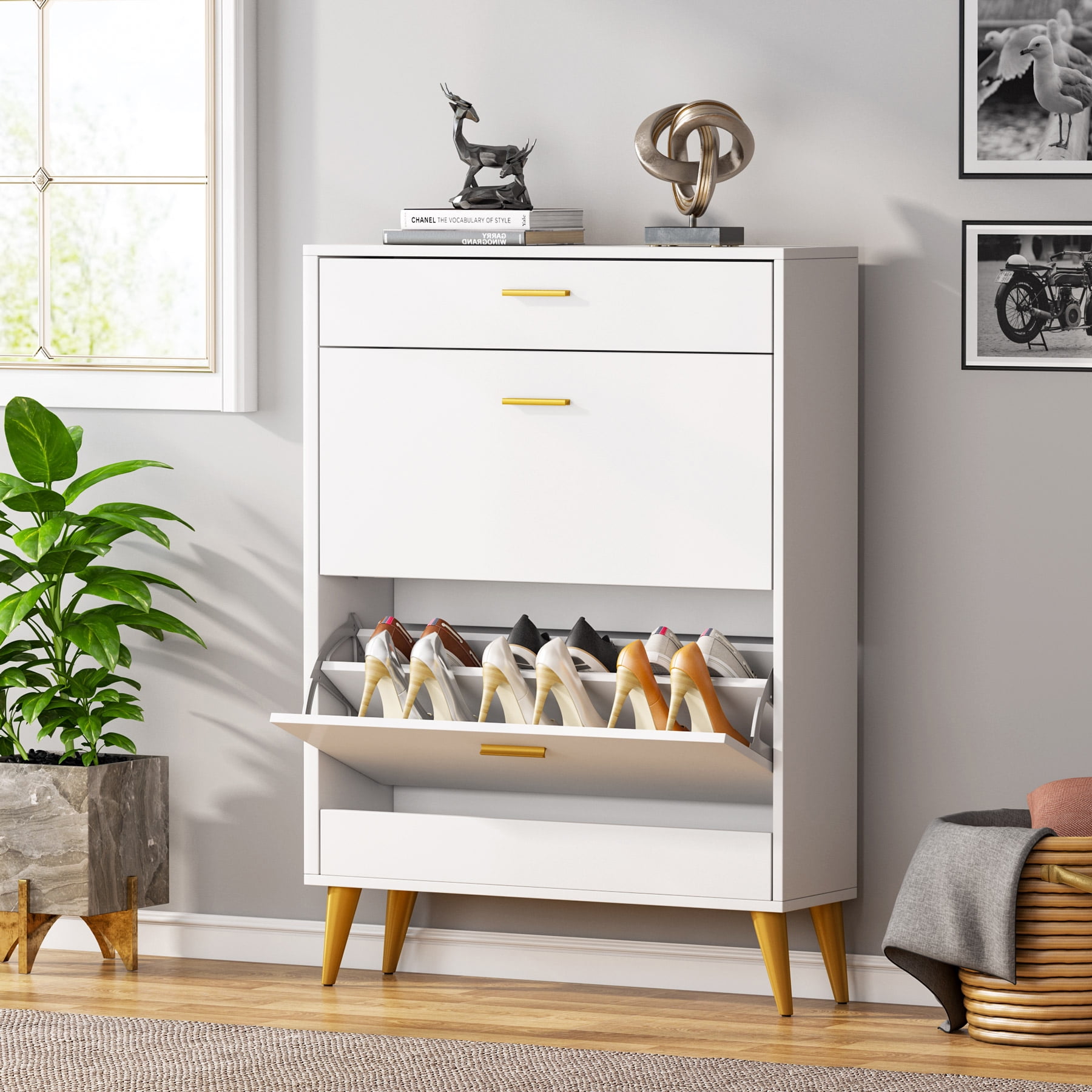Tribesigns Shoe Cabinet 16 Pair Shoe Rack Storage Organizer with Drawers