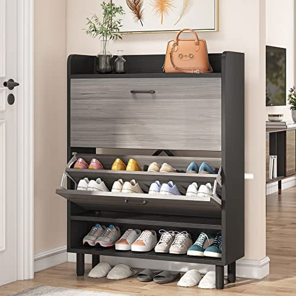 Tribesigns Shoe Cabinet, 2-Tier Shoe Storage Cabinet with Flip Doors,  Vintage Entryway Shoe Organizer Rack with Open Shelves for Narrow Closet,  Entryway, Living Room, Black 