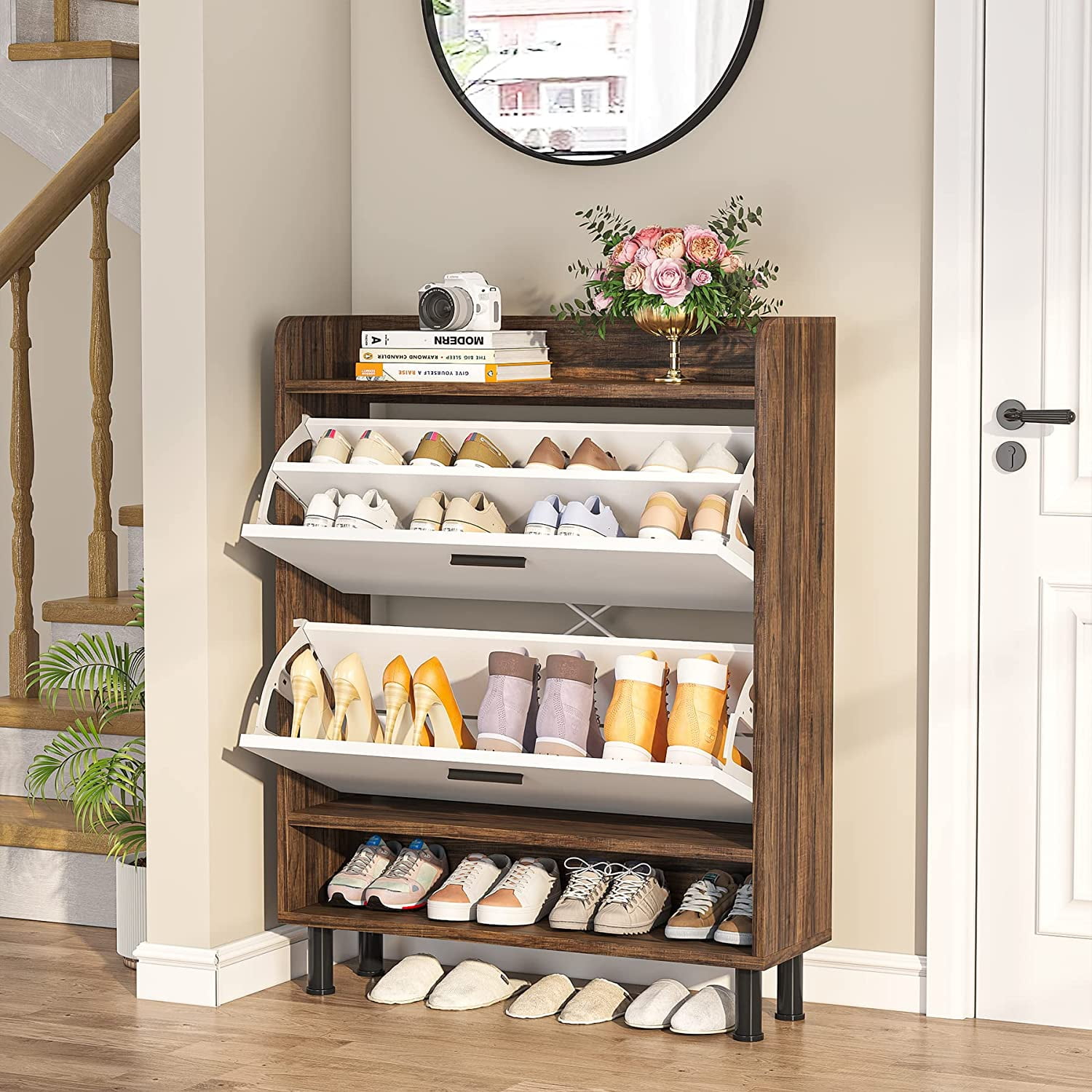 Tribesigns Shoe Cabinet with Solid Wood Legs, 2-Door Shoes Storage Cabinet  with Adjustable Shelves, 7-Tier Wooden Shoes Rack Organizer Cabinets for  Entryway