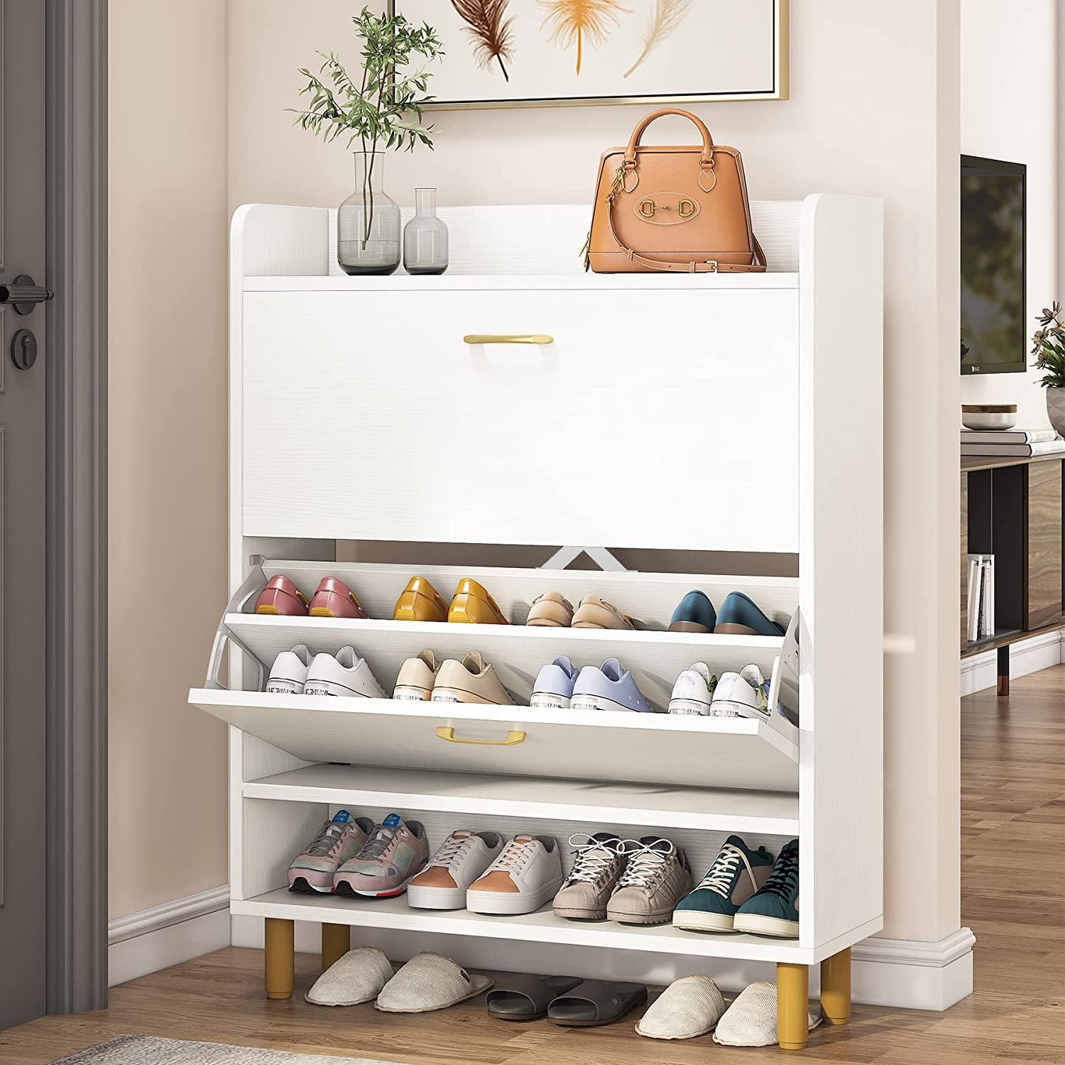 Tribesigns Shoe Cabinet, 2-Tier Shoe Storage Cabinet with Flip Doors,  Vintage Entryway Shoe Organizer Rack with Open Shelves for Narrow Closet,  Entryway, Living Room, White 