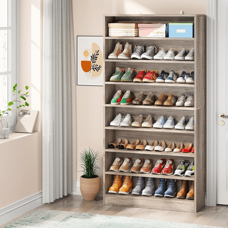 Tribesigns Shoe Cabinet, 9 Tiers 40-45 Pairs Wood Freestanding Shoe Cabinet, 70.8'' Tall Shoe Cabinet with Open Storage for Entryway, Beige Gray