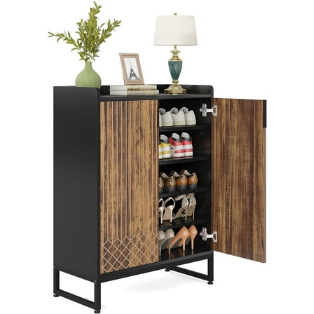 Tribesigns Shoe Cabinet for Entryway, 25 Pairs Shoe Cabinets with Doors, 5-Tier Wood Shoes Rack Organizer, Brown and Black