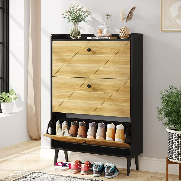 Modern Shoe Rack | Golden Oak Finish | Entryway Shoe Rack Storage