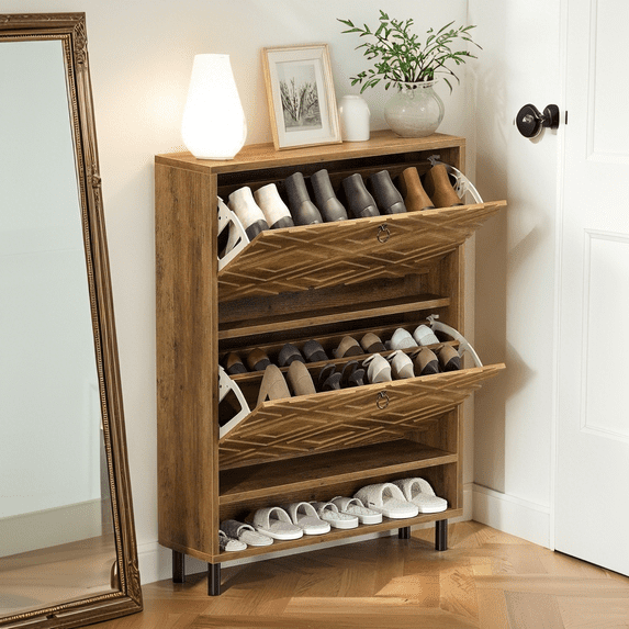 Tribesigns Shoe Cabinet with 2 Flip Drawers, 31.5" Narrow Hidden Shoe Storage Cabinet, Retro Shoe Rack
