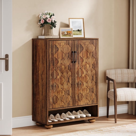 Tribesigns Shoe Cabinet with Doors, 6-Tier Shoe Rack with Adjustable Shelves and Solid Wood Feet, Walnut