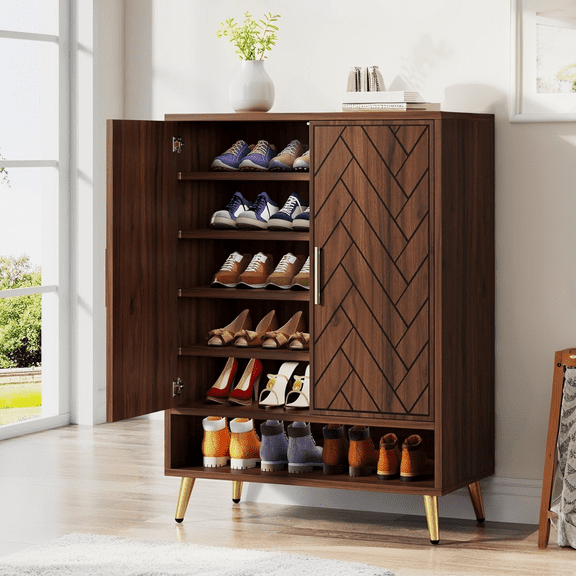 Tribesigns Shoe Cabinet with Doors, 6-Tier Wooden Shoe Storage Cabinet with Adjustable Shelves for Entryway, Hallway, Bedroom (Walnut)