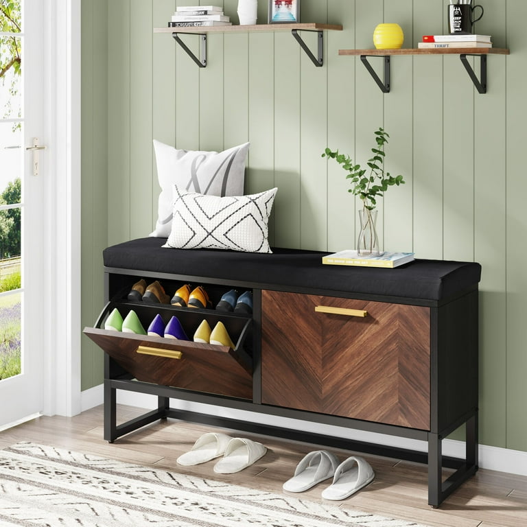 Tribesigns Shoe Storage Bench with Cushion 2 Flip Drawers Entryway Hidden Shoe Storage with Adjustable Shelves Brown Black