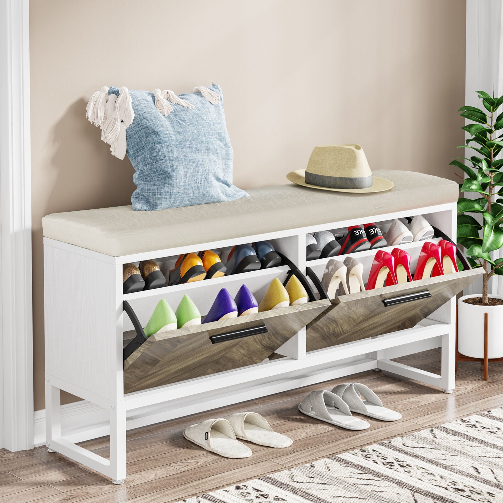 Tribesigns Shoe Storage Bench with Cushion & 2 Flip Drawers Entryway