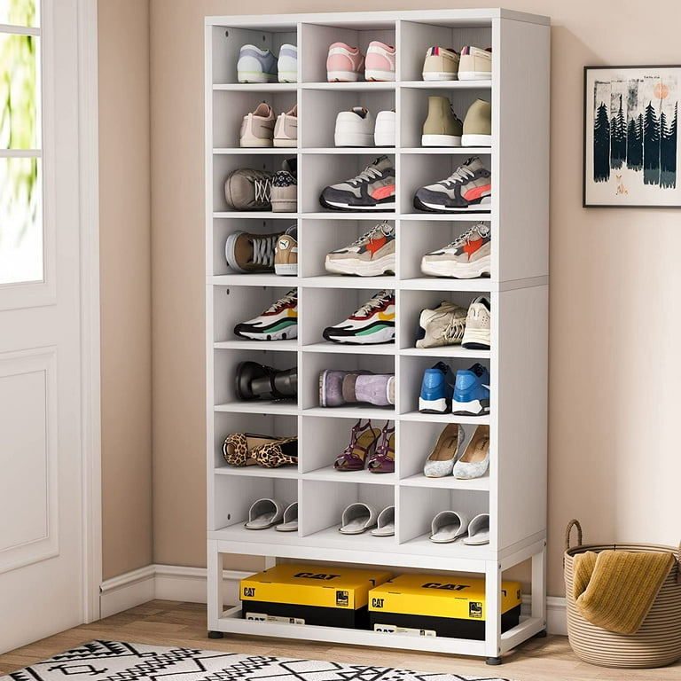 Tribesigns Shoe Cabinet, 24 Pair Freestanding Shoe Rack Storage Organizer  with Side Hooks, Modern Shoe Storage Cabinet with Shelves for Hallway