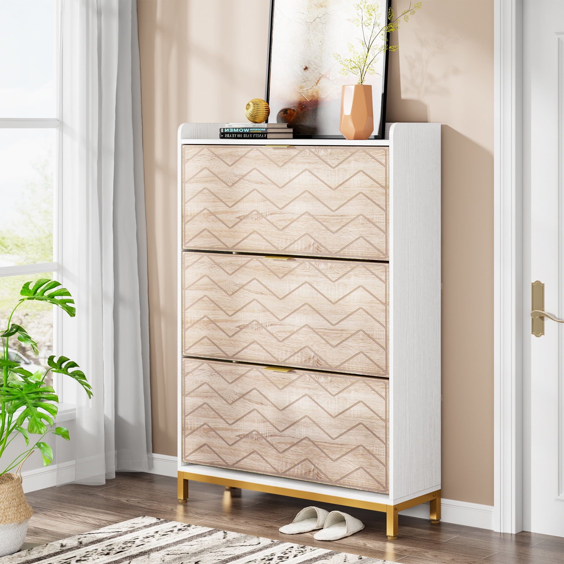 Tribesigns Shoe Storage Cabinet with 3 Flip Doors and Adjustable Shelf, Wooden 18-24 Pair Shoe Rack Organizer with Flip Drawers