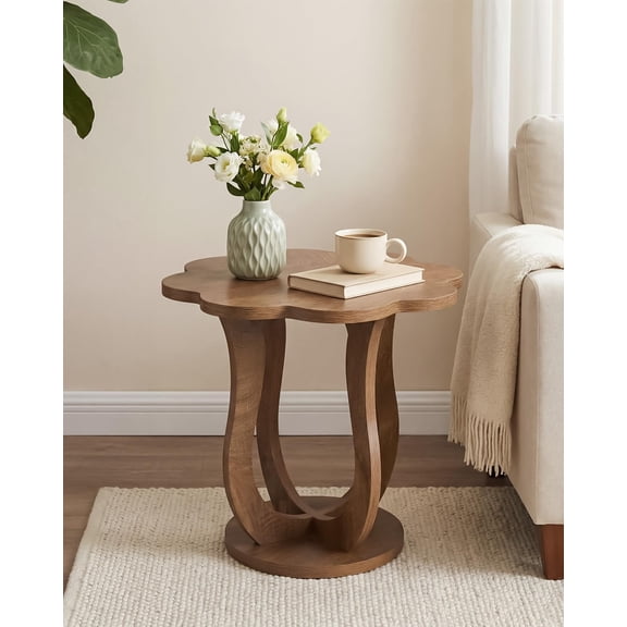 Tribesigns Side Table, Flower-Shaped End Table with Artistic Leg, Modern, Wood Plant Stand for Living Room, Bedroom, Rustic Brown