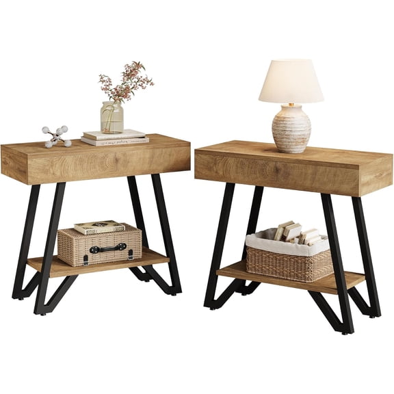 Tribesigns Side Table Set of 2, Narrow Couch End Side with Storage Shelves, Small Bedside Nightstand