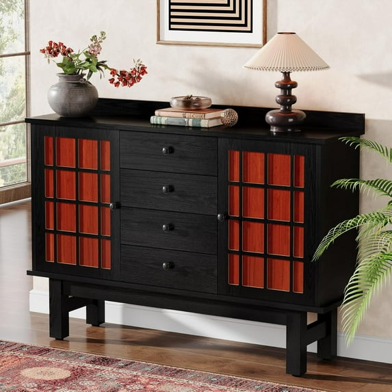 Tribesigns Sideboard Buffet Cabinet with Storage, 50" Black Kitchen Credenza Storage Cabinet with 4 Drawers and 2 Doors, Large Vintage Coffee Bar Cabinet Accent Cabinet for Kitchen