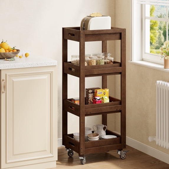 Tribesigns Slim Solid Wood Storage Cart for Small Space, 4-Tier Kitchen Rolling Cart with Wheels, Walnut