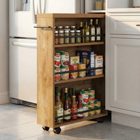 Fnova Slim Storage Cart, 4-Tier Rolling Kitchen Cart, Slide Out Narrow Utility Side Table for Bedroom, Bathroom, Laundry, Brown