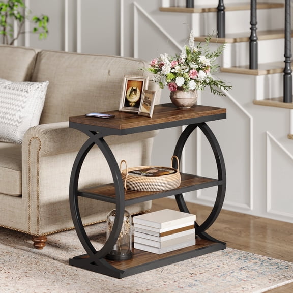 Finmind Small 3-Tier End Table for Living Room, Industrial Wooden Side Table with Metal Frame, Rustic Brown