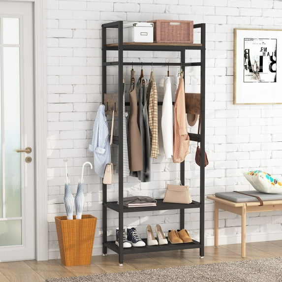 Tribesigns Small Clothes Rack with Shelf and Hanging Rod, Industrial Freestanding Hall Tree with Hooks for Entryway, Hallway