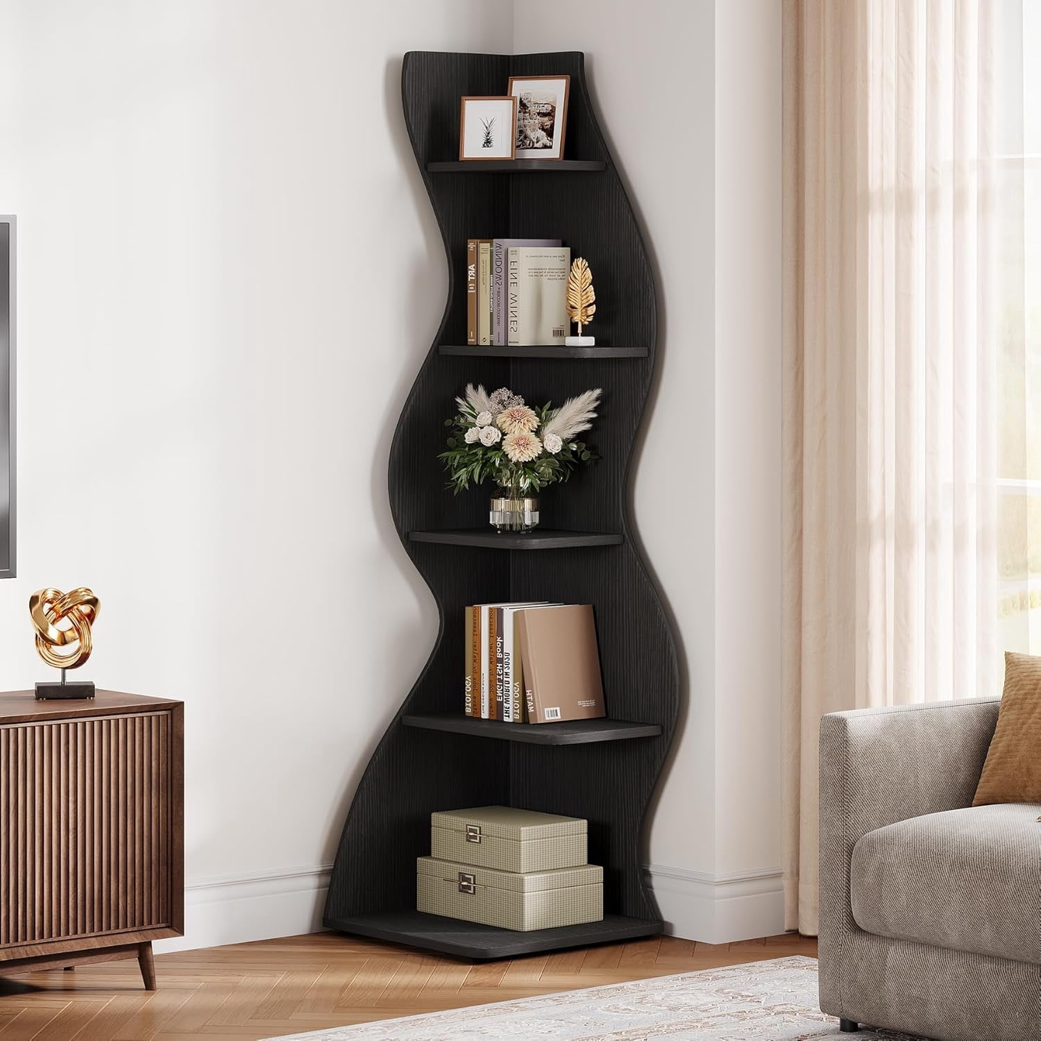 Tribesigns Small Corner Shelf, 5-Tier Modern Corner Bookcase for Small Space, Living Room (Black)