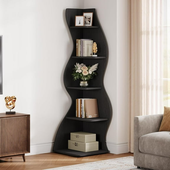 Tribesigns Small Corner Shelf, 5-Tier Modern Corner Bookcase for Small Space, Living Room (Black)