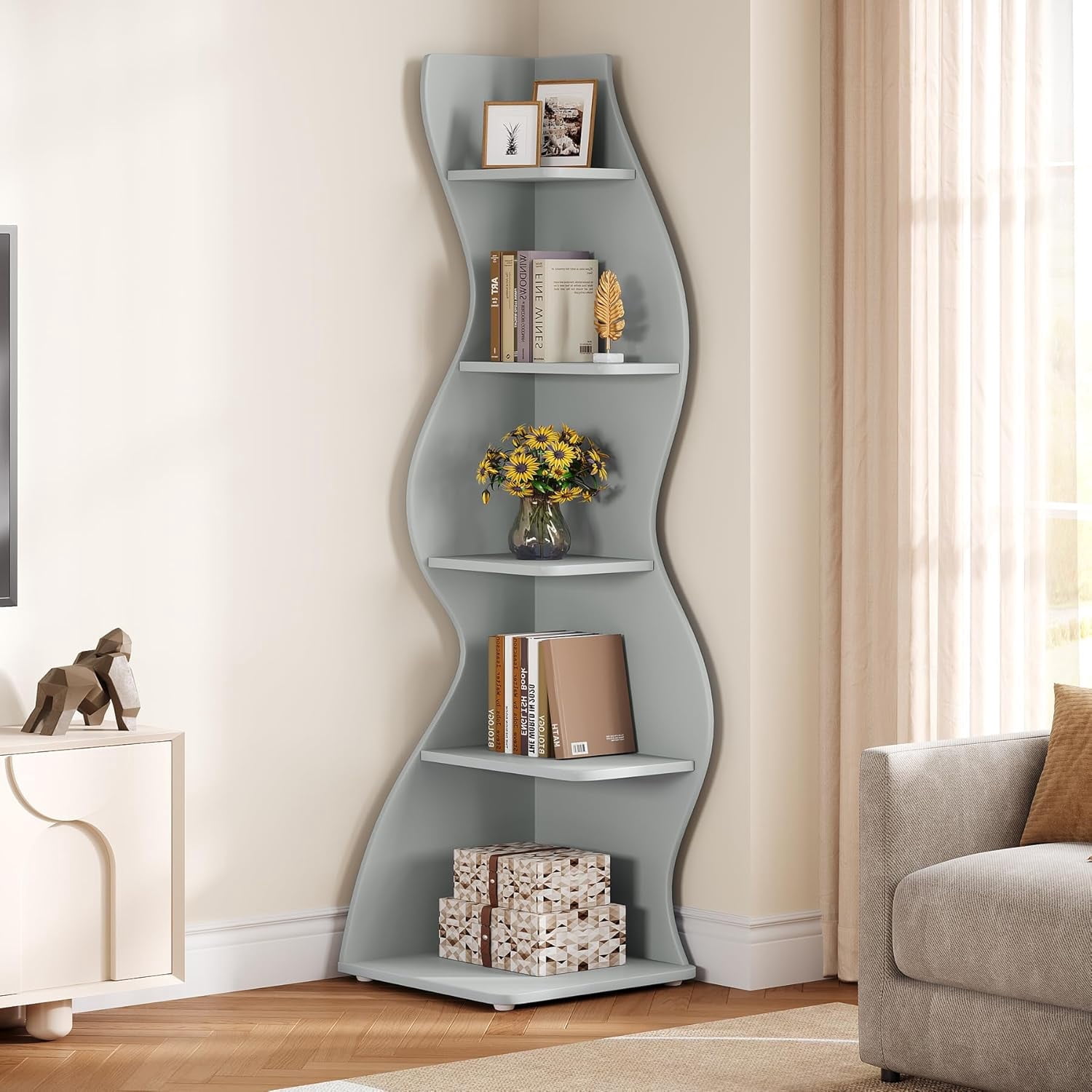 Tribesigns Small Corner Shelf, 5-Tier Modern Corner Bookcase for Small Space, Living Room (Blue)