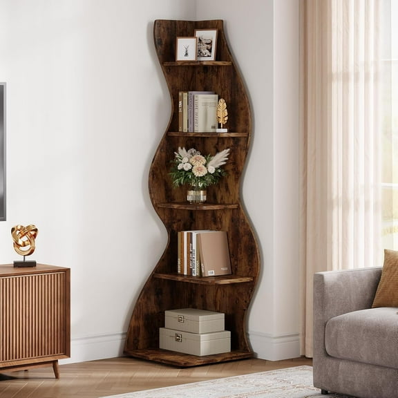 Tribesigns Small Corner Shelf, 5-Tier Modern Corner Bookcase for Small Space, Living Room (Brown)