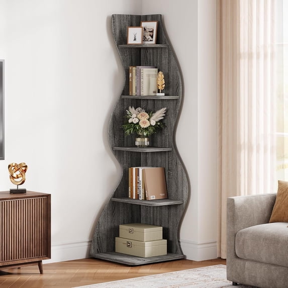 Tribesigns Small Corner Shelf, 5-Tier Modern Corner Bookcase for Small Space, Living Room (Gray)