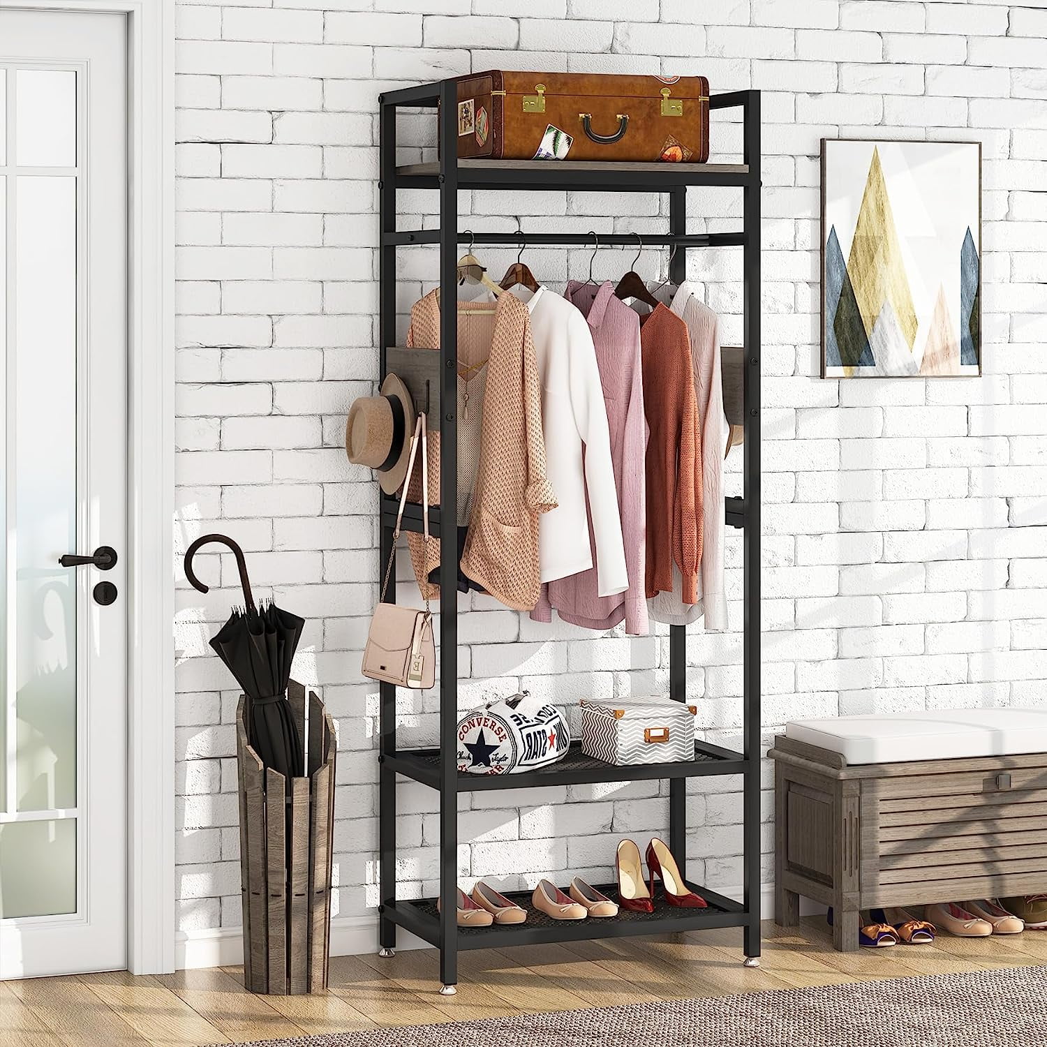 Tribesigns Small Heavy Duty Clothes Rack with Shelf and Hanging Rod Industrial Freestanding Closet Organizer Grey Hall Tree Garments Rack for Small Space Bedroom 27 W X69 H Max Load 300LBS Walmart
