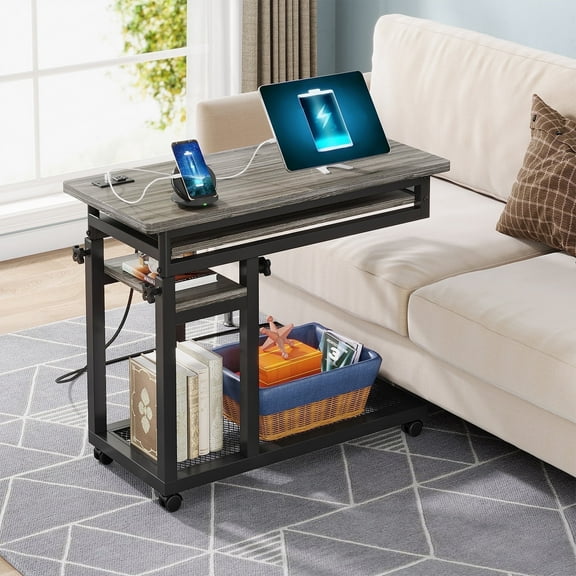 Tribesigns Small Mobile Computer Desk, Portable Adjustable Height Desk with Power Outlets and Storage Shelves for Home Office, Grey
