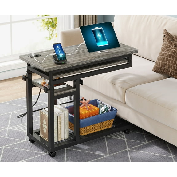 Tribesigns Small Portable Desk with Power Outlet, Height Adjustable Sofa Couch Bedside Laptop Table Brown