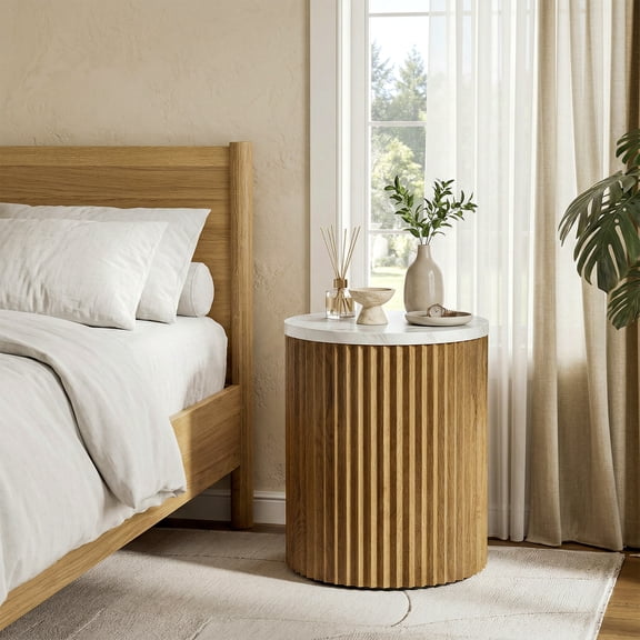 Tribesigns Small Round Nightstand, 23.6-Inch Tall Bedside Table with Faux Marble Tabletop, Drum Shape and Fluted Base, Circle Side End Table for Small Spaces Living Room, Bedroom