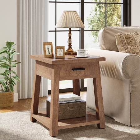 Finmind Small Side Table with Drawer, 2-Tier Farmhouse Wooden End Table with Open Storage Shelf, Rustic Bedside Nightstand for Living Room, Bedroom, Small Spaces