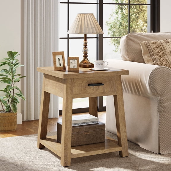 Finmind Small Side Table with Drawer, 2-Tier Farmhouse Wooden End Table with Open Storage Shelf, Rustic Bedside Nightstand for Living Room, Bedroom, Small Spaces