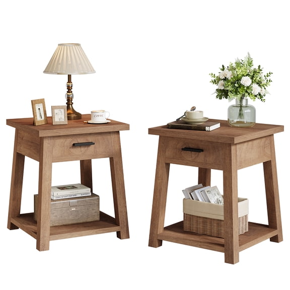Finmind Small Side Table with Drawer Set of 2, 2-Tier Farmhouse Wooden End Table with Open Storage Shelf, Rustic Bedside Nightstand for Living Room, Bedroom, Small Spaces