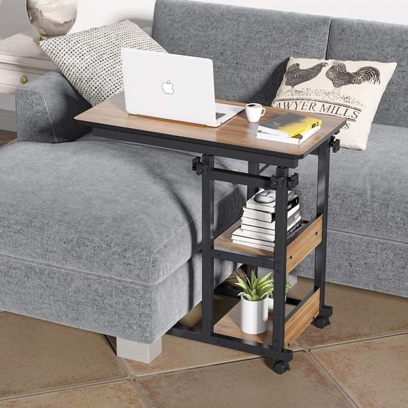 Tribesigns Sofa Side Table, Mobile C Table End Table Snack Table with 2-Tier Storage Shelves and wheels for Sofa Couch,Adjustable Height