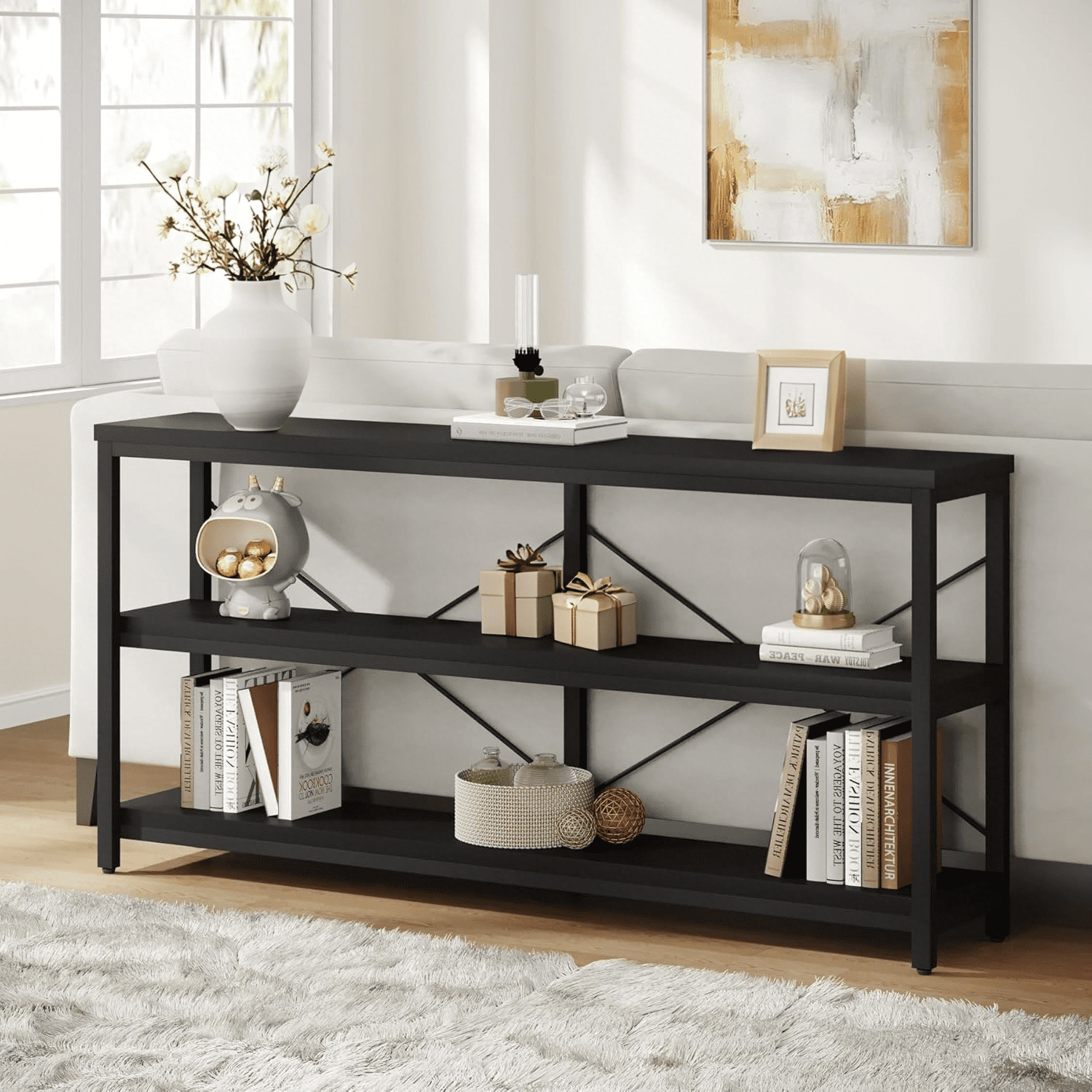 Black 55-Inch Industrial Sofa Table with 3-Tier Storage