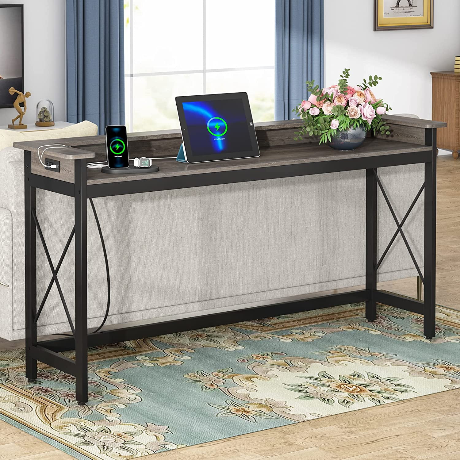 Gray 70.9'' Industrial Wood and Metal Console Table with USB Ports