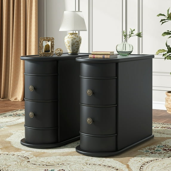 Tribesigns Solid End Table, Set of 2, Two-Drawer Narrow Side Table, Fully Assembled, Black
